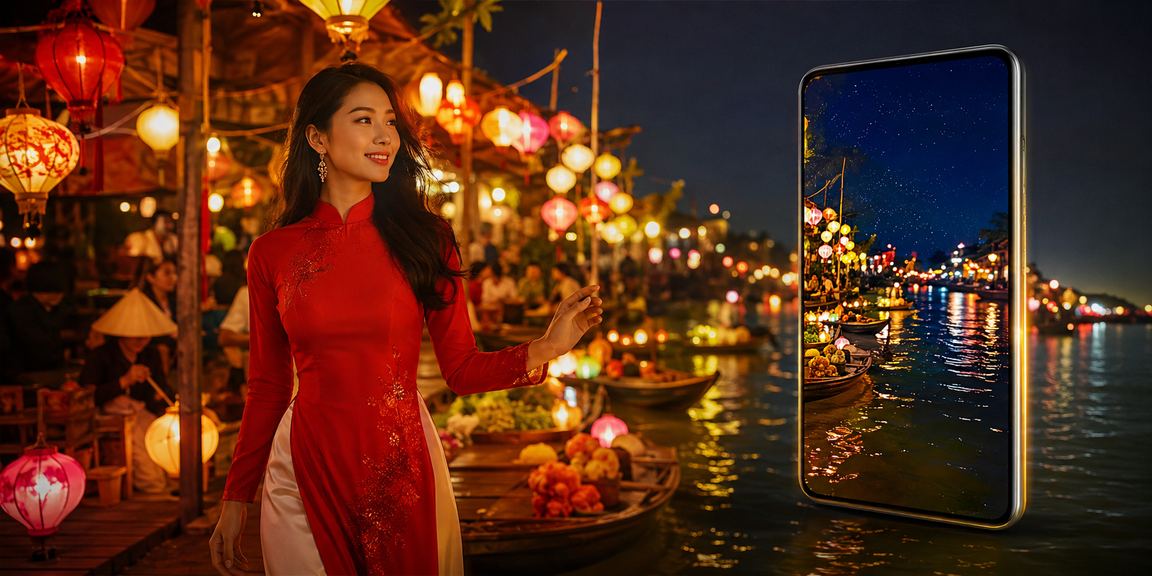 Người dùng Hội An sử dụng ứng dụng cá cược trên điện thoại với trang phục áo dài
